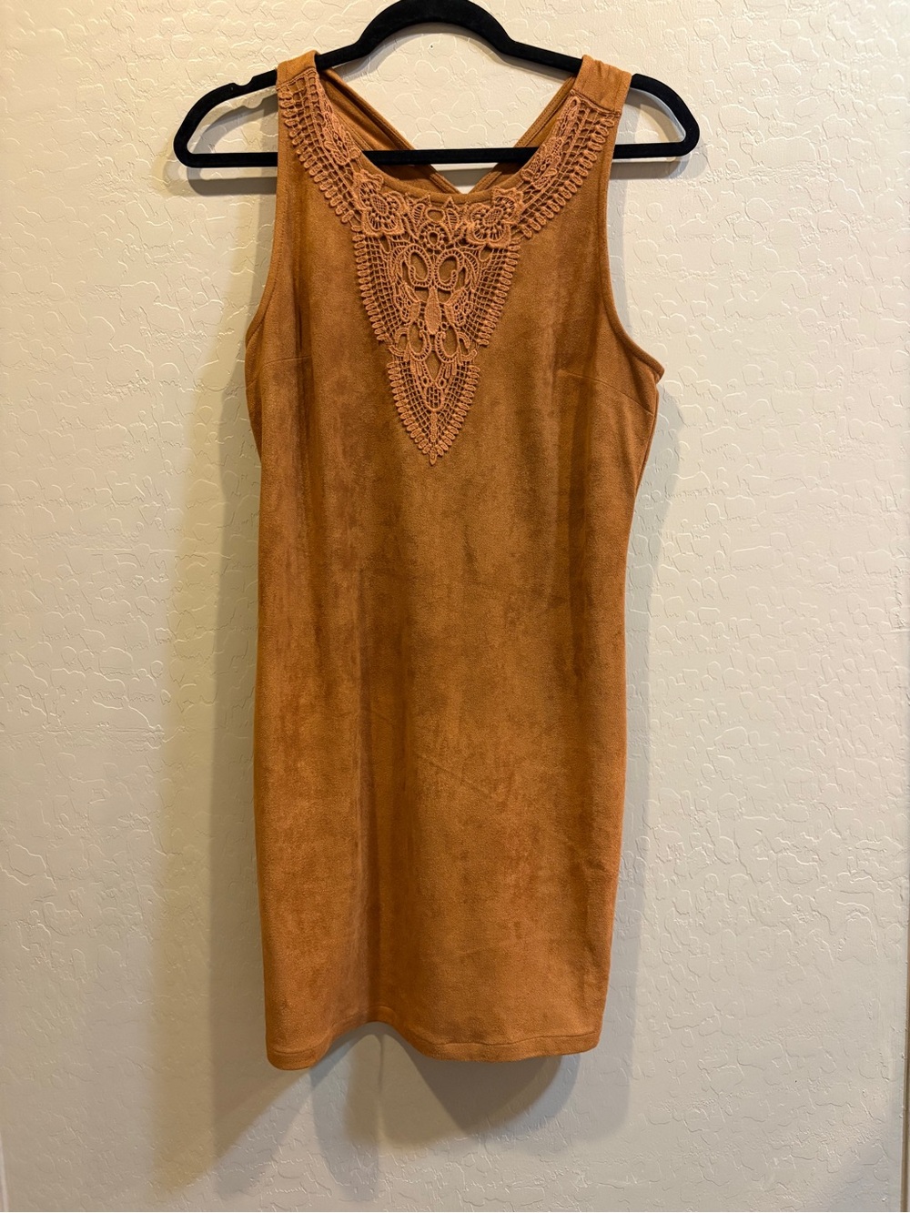 American Rag Suede-Look Tan Mini Dress with Lace Yoke